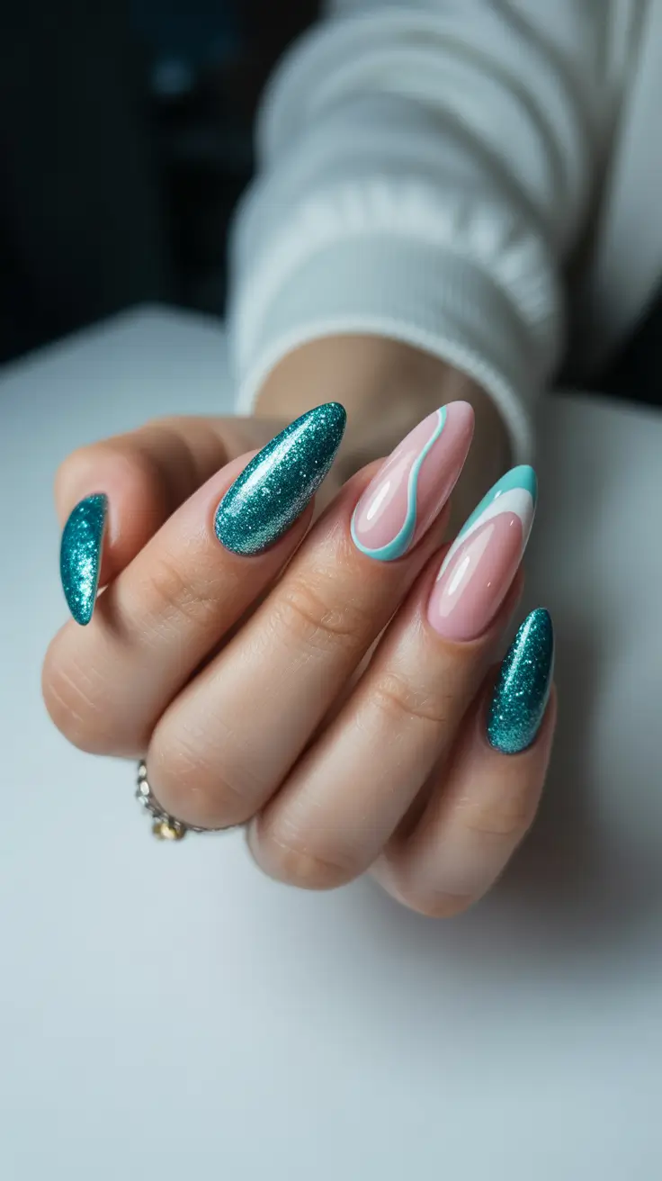 best spring stiletto nails 2026 Teal Glitter Glam for Sparkling Spring Stiletto Nails