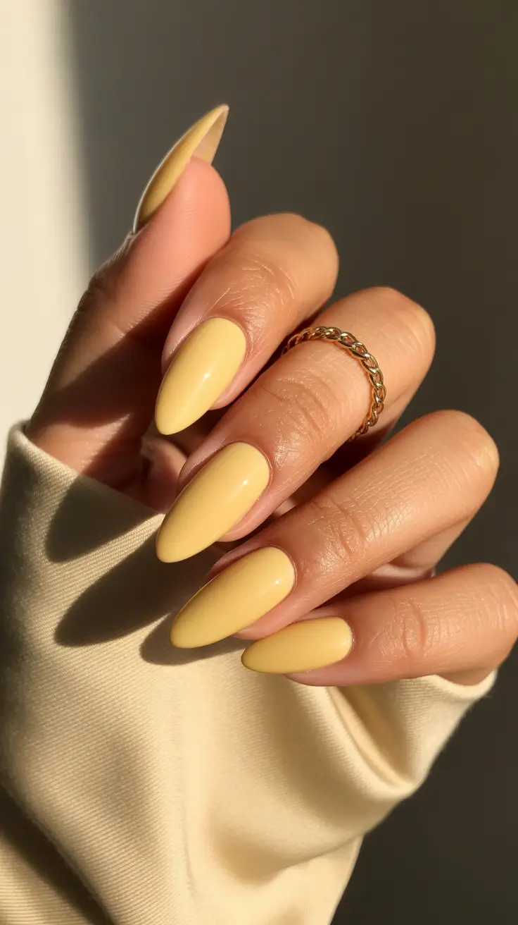 best spring stiletto nails 2026 Soft Butter Yellow Minimal Nails for Fresh Spring Simplicity