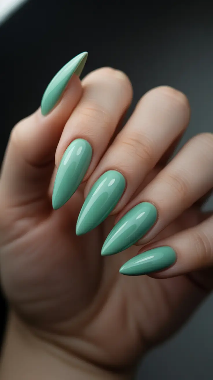 best spring stiletto nails 2026 Glossy Sage Green Minimal Nails for Elegant Spring Simplicity