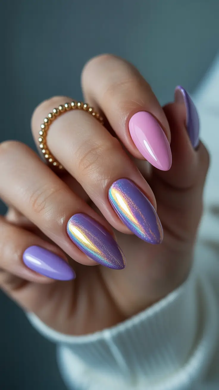 best spring stiletto nails 2026 Soft Chrome Lavender Nails with Pastel Spring Glow