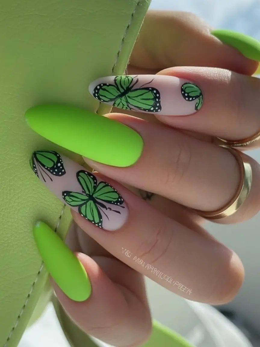 best spring stiletto nails 2026 Vibrant Green Butterfly Art for Bold Spring Stiletto Nails