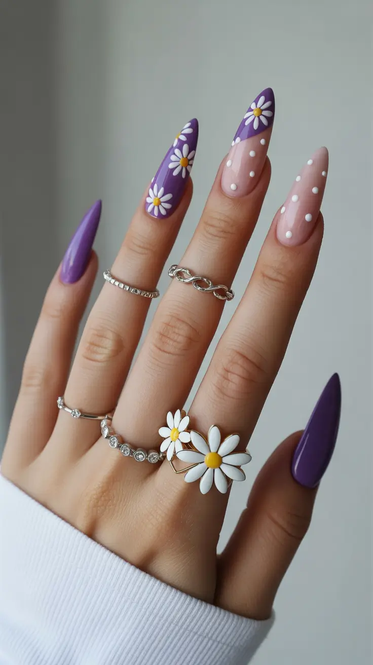 best spring stiletto nails 2026 Lavender Daisy Nails with Cute Spring Floral Details