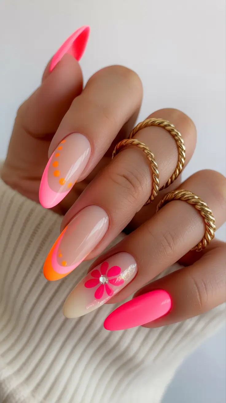 best spring stiletto nails 2026 Neon Pink and Orange Floral Pop for Bold Spring Energy