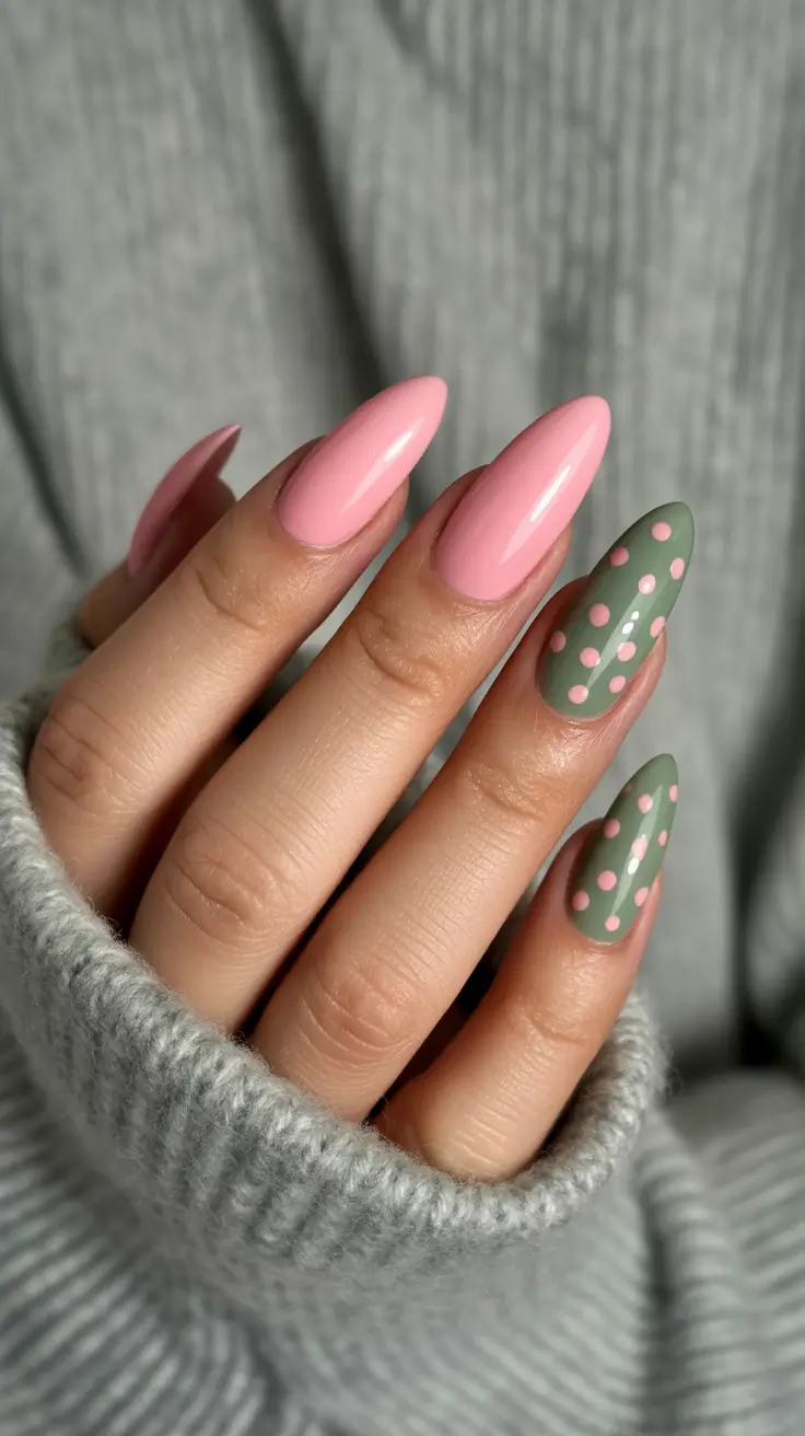 best spring stiletto nails 2026 Soft Pink and Sage Polka Dot Nails for Cute Spring Simplicity