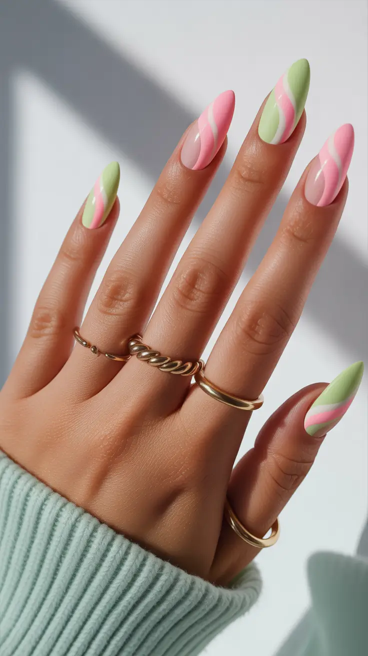 best spring stiletto nails 2026 Soft Mint and Blush Swirl Art for Romantic Spring Stiletto Nails