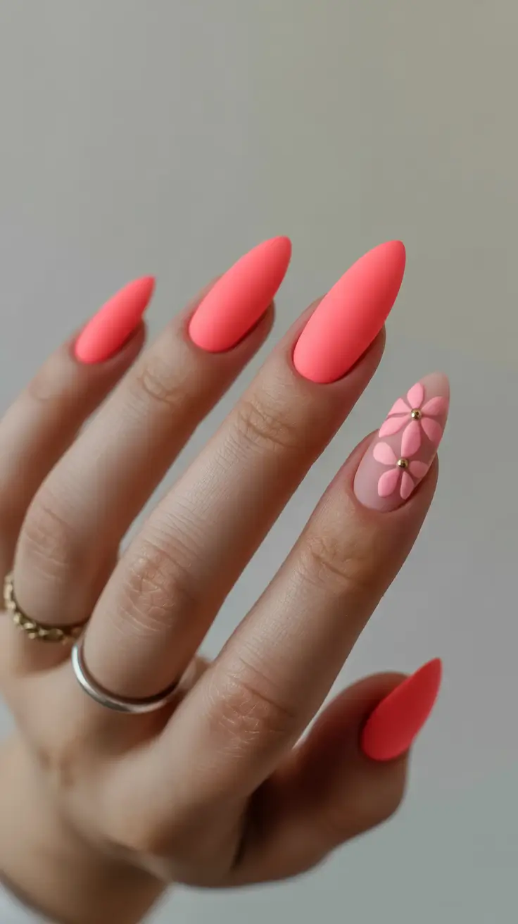 best spring stiletto nails 2026 Coral Blossom Accent for Fresh spring stiletto nails flowers