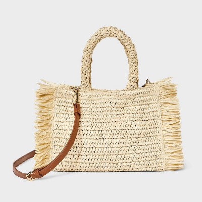 Universal Thread Straw Fringe Crossbody Tote Handbag with Detachable Strap