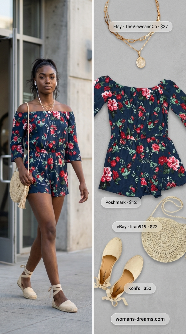 Bohemian off-the-shoulder navy floral print rayon romper with espadrille sandals and a straw crossbody bag, embodying casual summer romper outfits for women 2026 for a beach day.