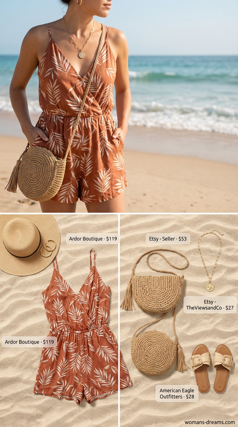 Relaxed light blue floral print linen blend romper with woven slide sandals and a round straw crossbody bag, a lovely casual summer romper outfits for women 2026 for vacation.