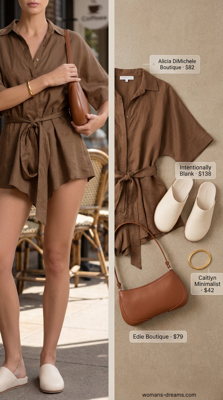 Chic mocha brown tencel romper with wide sleeves, gold bangle, cream slide mules, and shoulder bag, perfect casual summer romper outfits for women 2026 for a coffee date or casual meeting.