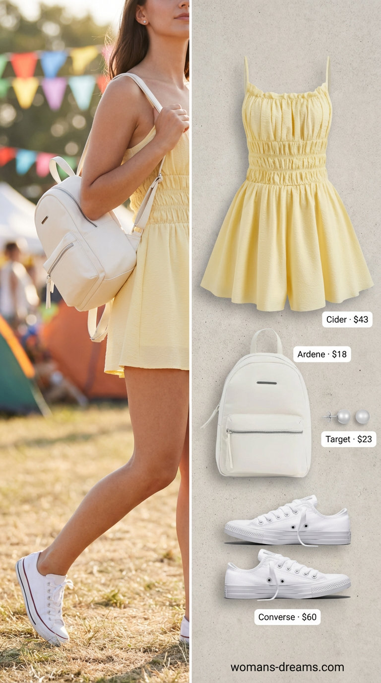 Joyful pastel yellow cotton gauze smocked romper with white canvas sneakers and a white mini backpack, stylish casual summer romper outfits for women 2026 for a festival.