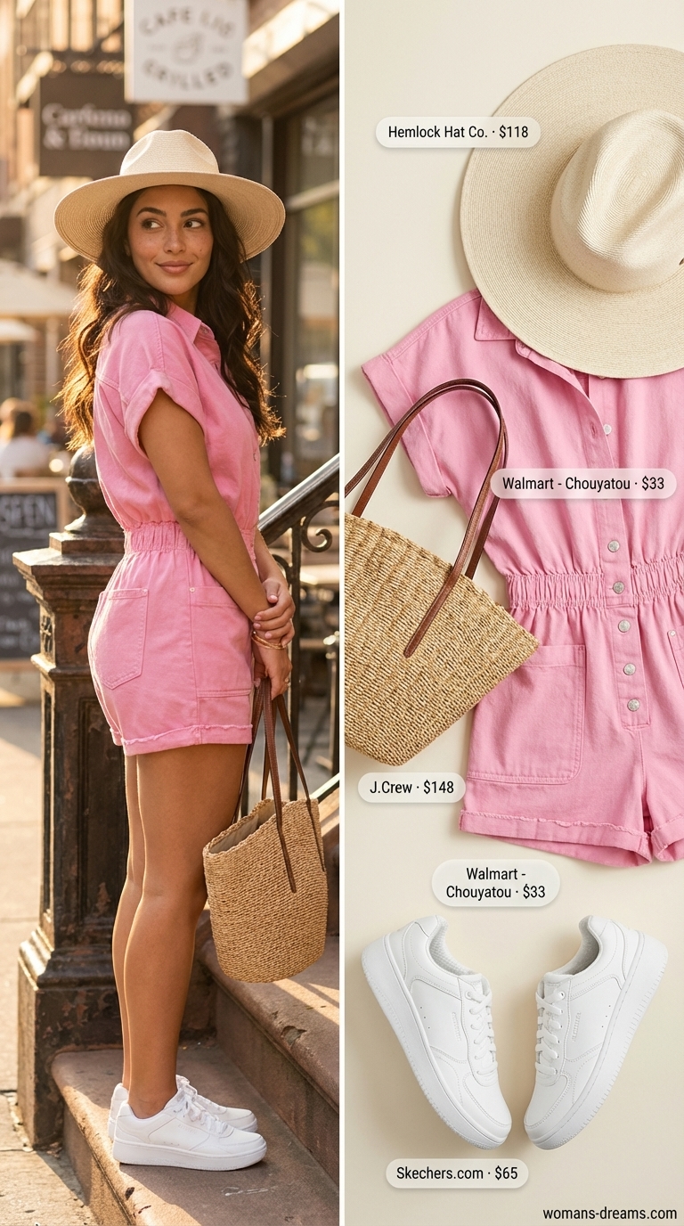 Sweet pastel pink cotton blend short-sleeve romper with white sneakers, straw tote, and wide-brim hat, making chic casual summer romper outfits for women 2026 for a garden party.