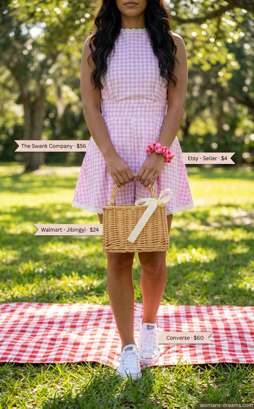 Playful pink gingham cotton sleeveless romper with white canvas sneakers and a small wicker basket bag, a sweet casual summer romper outfits for women 2026 for a picnic.