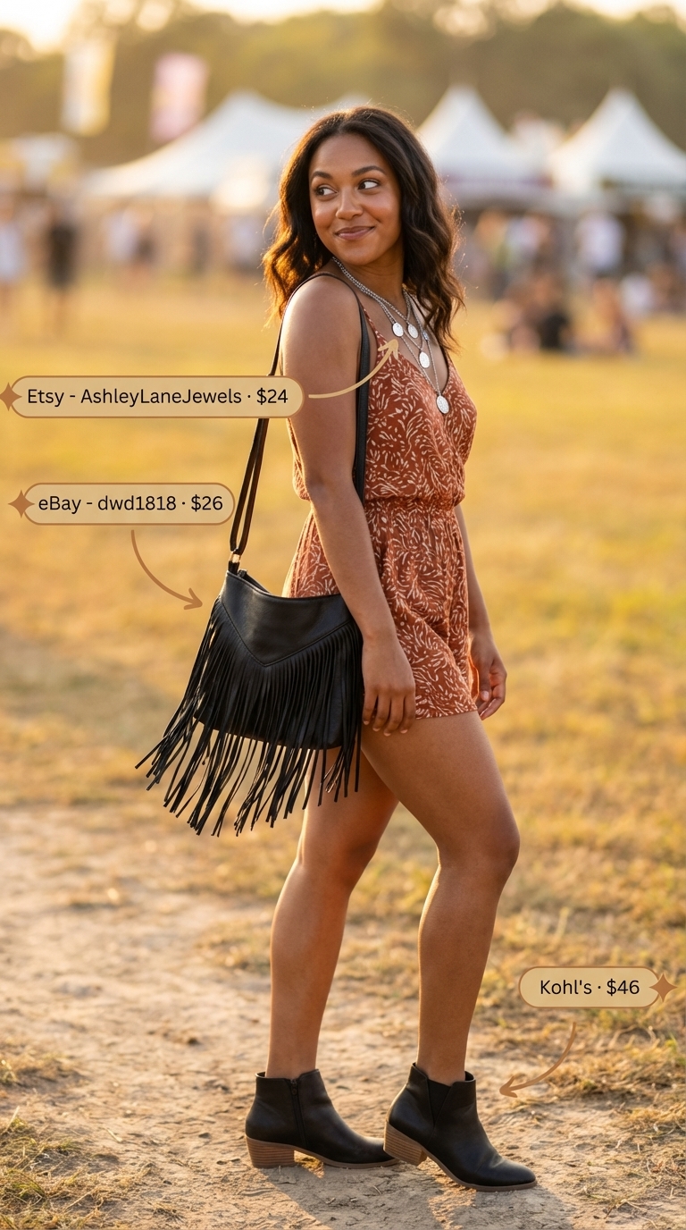 Boho festival casual summer romper outfits for women 2026. Earthy brown long-sleeve romper, black fringe bag, silver layered necklaces, and black suede ankle boots.