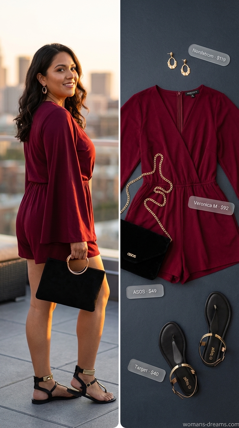 A burgundy flowy romper with wide sleeves, paired with a black velvet clutch, gold statement earrings, and black flat sandals, creates a vibrant casual summer romper outfit for women 2026 perfect for evening.