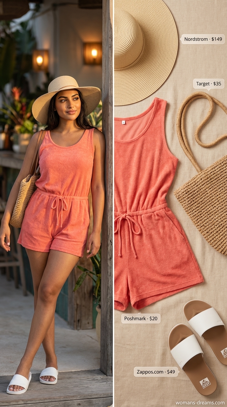 A coral sleeveless terry cloth romper with a drawstring waist, styled with white slide sandals, a wide-brim straw hat, and a large straw beach tote, perfect for casual summer romper outfits for women 2026 by the pool or beach.