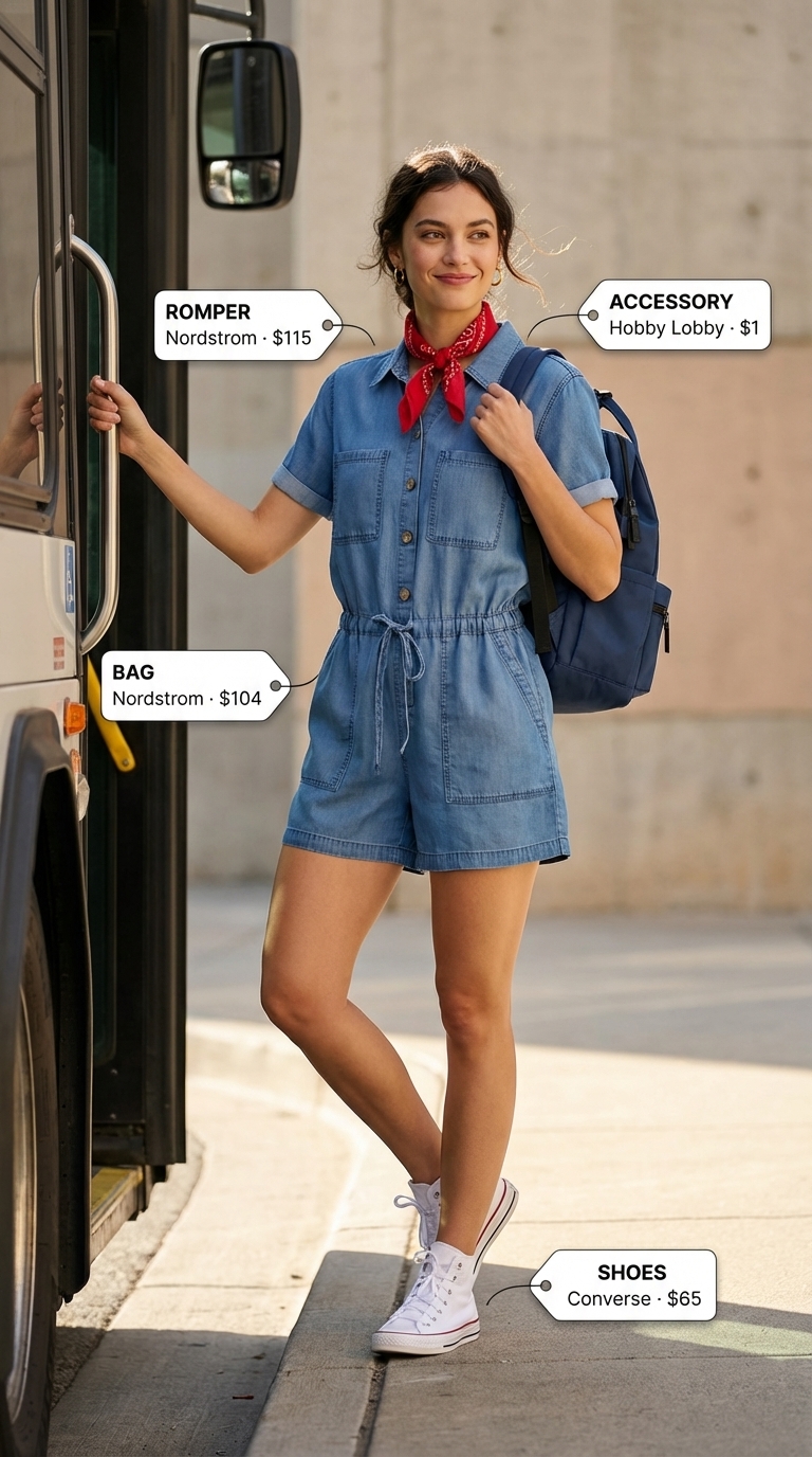 A woman wears a light wash denim romper with a red bandana and white high-top sneakers, perfect for casual summer romper outfits for women 2026. This playful look is ideal for running errands.