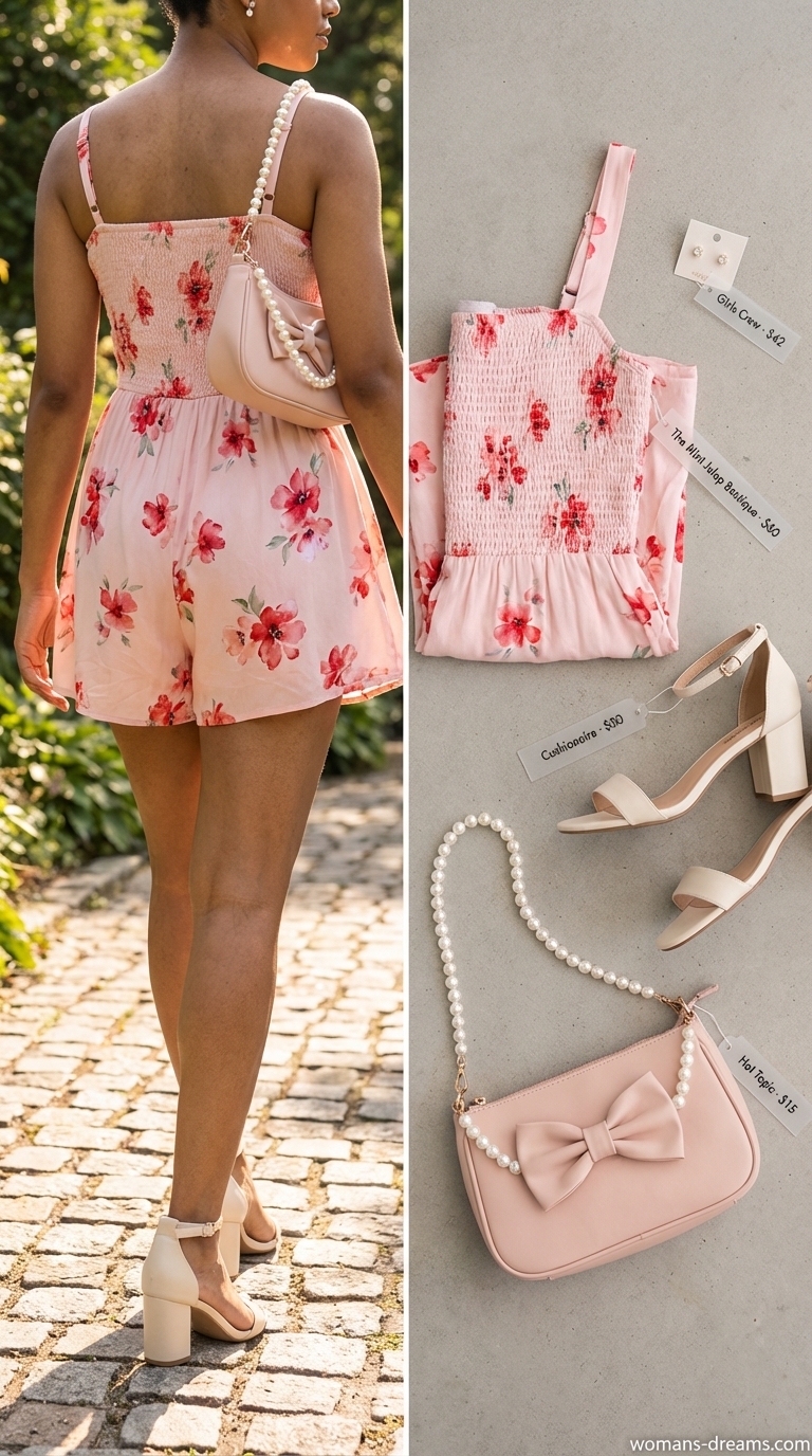 A feminine pink floral romper with ruffled sleeves, paired with cream block heel sandals and a blush mini bag, makes a sweet casual summer romper outfit for women 2026 for a date.