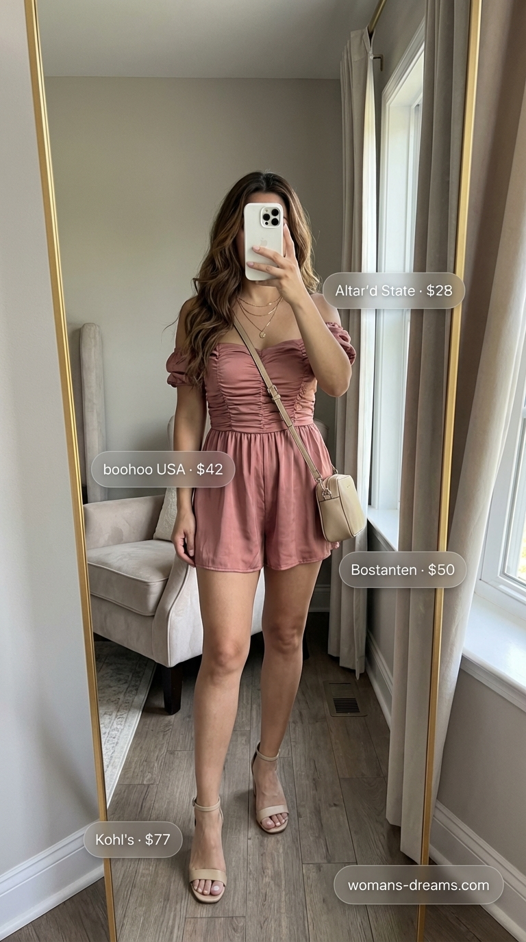 Elegant garden party casual summer romper outfits for women 2026. Dusty rose satin romper, delicate gold necklaces, beige block-heel sandals, and mini top-handle bag.
