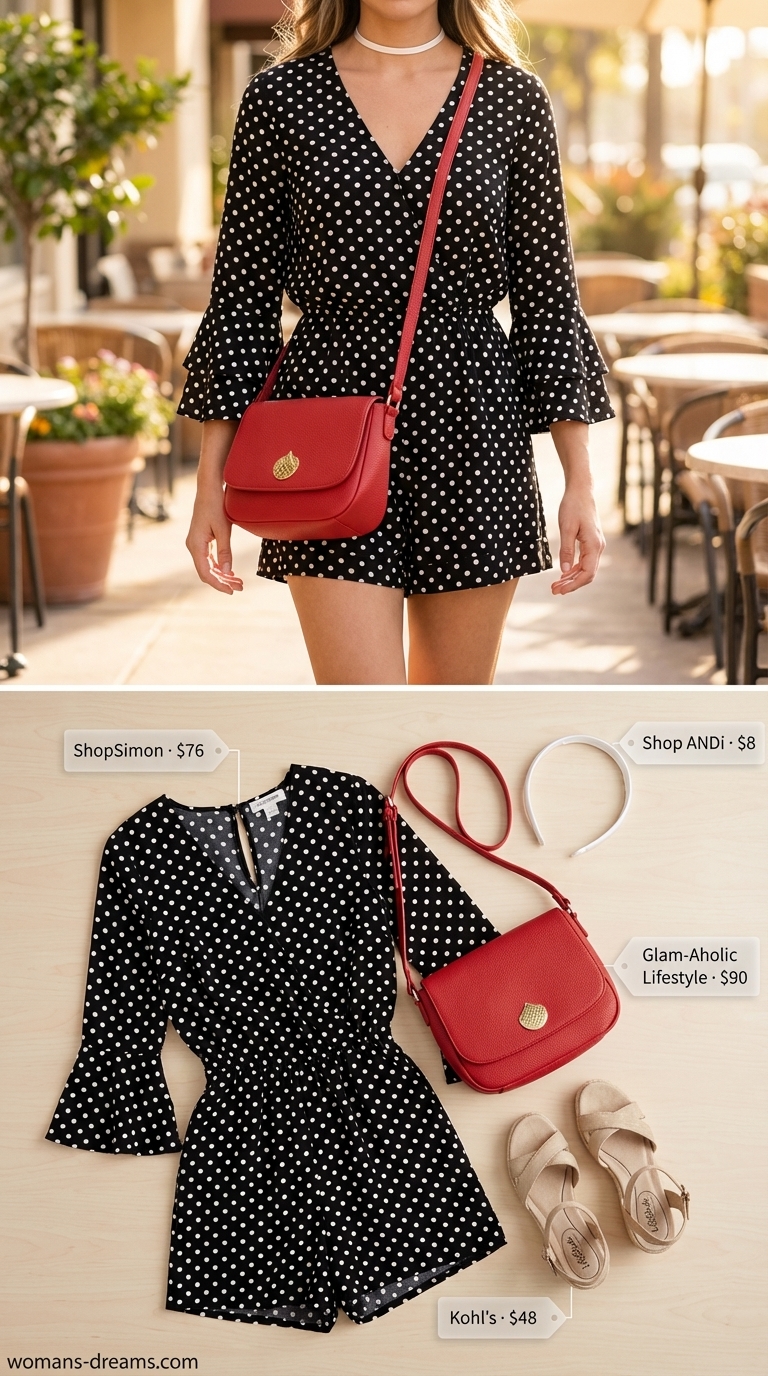 A black and white polka dot romper with a sweetheart neckline and puff sleeves, paired with wedge espadrille sandals, a vibrant red shoulder bag, and a black satin headband, crafting a playful casual summer romper outfit for women 2026 for a date.