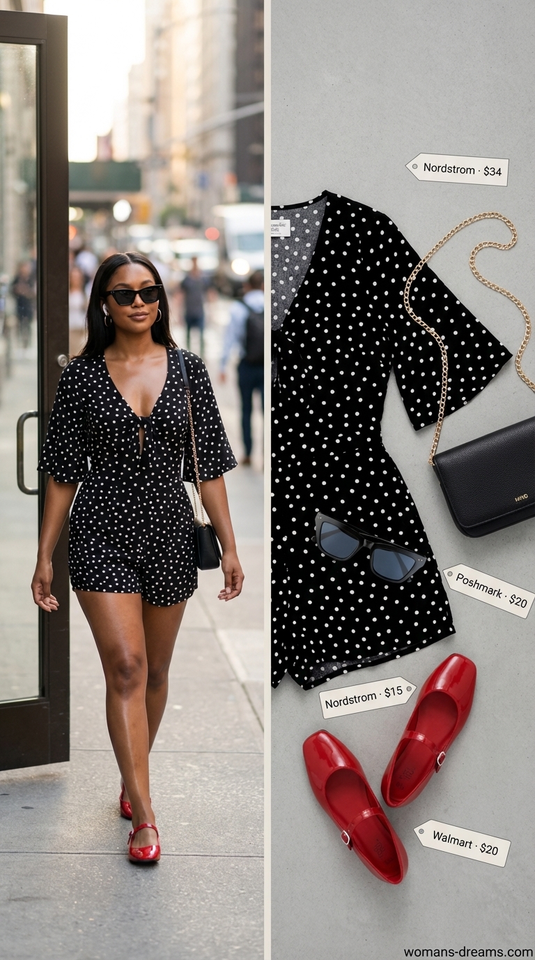 A playful black and white polka dot romper with tie-front detail, paired with red ballet flats, a mini black crossbody, and black cat-eye sunglasses, for a charming casual summer romper outfit for women 2026.