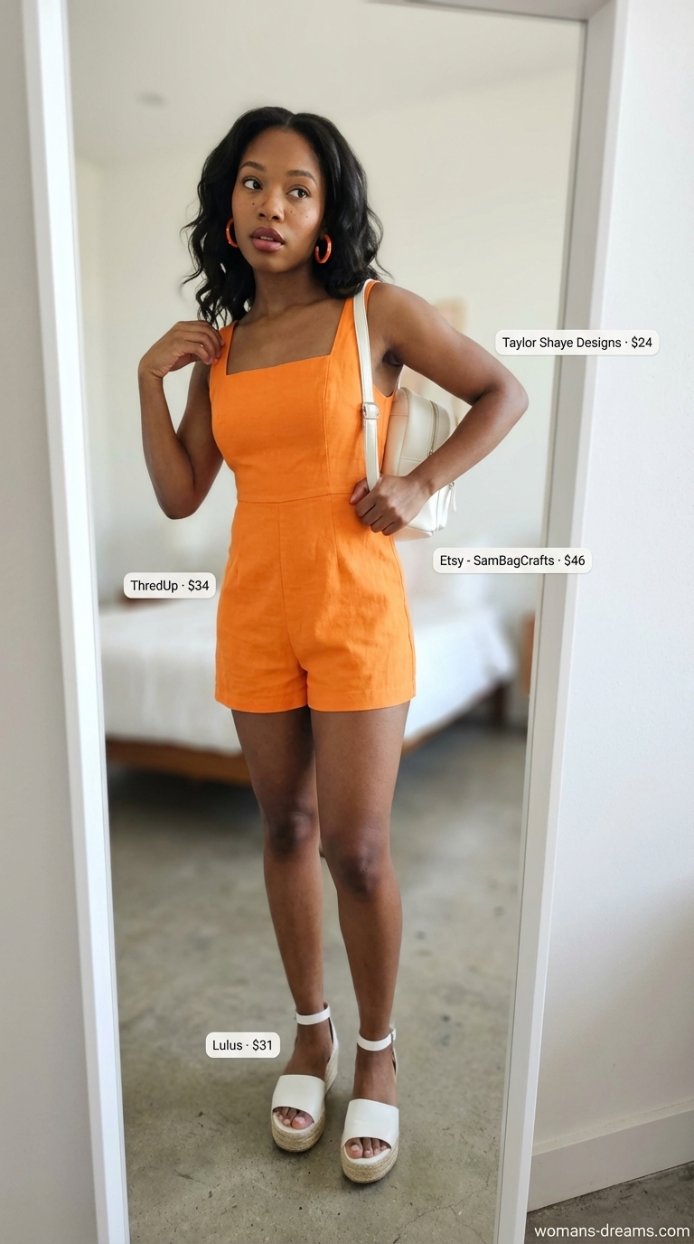 Playful retro casual summer romper outfits for women 2026. Bright orange sleeveless romper, white espadrille sandals, mini backpack, and colorful hoop earrings.