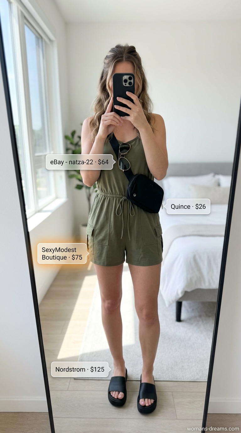 Urban safari casual summer romper outfits for women 2026. Olive green utility romper, black platform sandals, aviator sunglasses, and a practical belt bag.