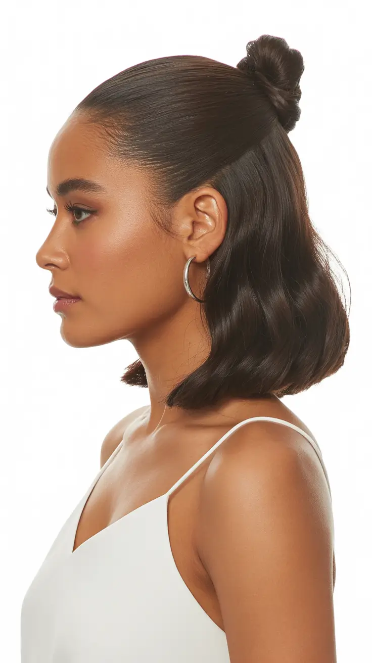 effortless spring half up half down hairstyle 2026 Sleek Mini Bun Half-Up on Blunt Lob