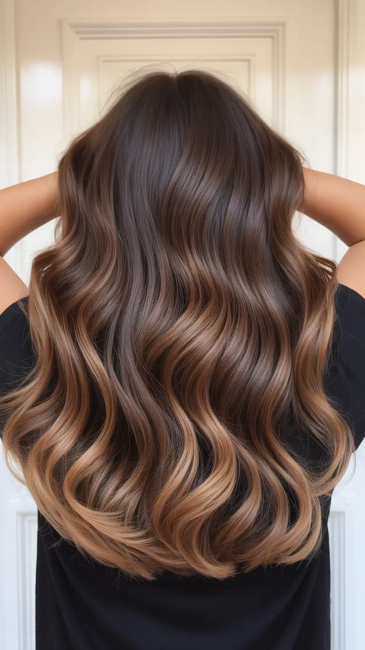 elegant spring caramel hair color 2026 Rich Brunette Waves with Melted Caramel Ends