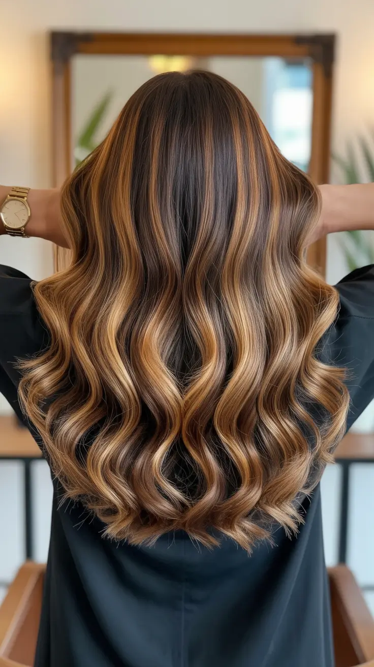 elegant spring caramel hair color 2026 Golden Caramel Highlights for Long Layered Brunette Hair