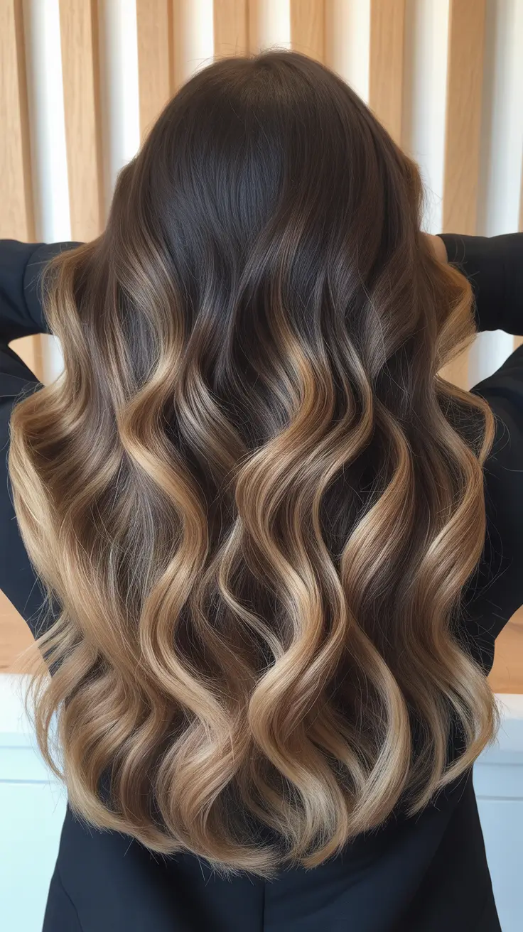 elegant spring caramel hair color 2026 Soft Brunette Waves with Seamless Caramel Dimension