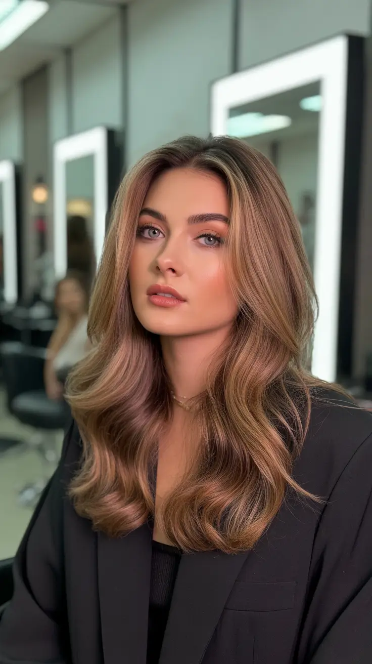 elegant spring caramel hair color 2026 Glossy Mocha Brunette Layers with Caramel Accents