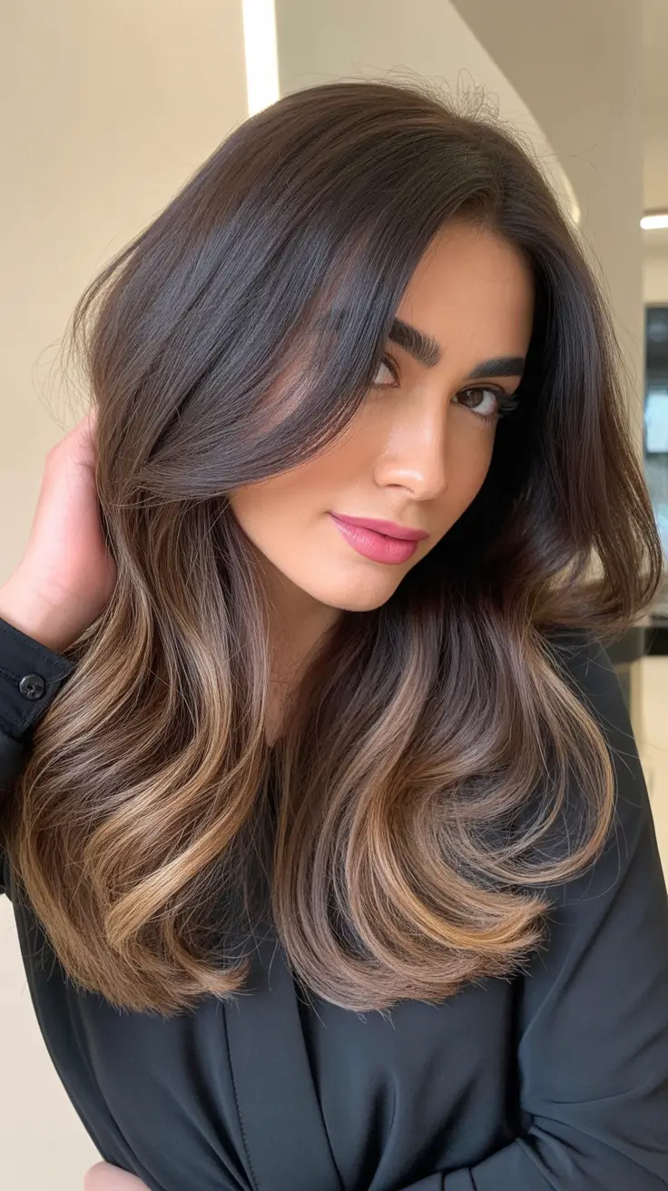 elegant spring caramel hair color 2026 Soft Caramel Balayage for Dark Brown Medium Lengths