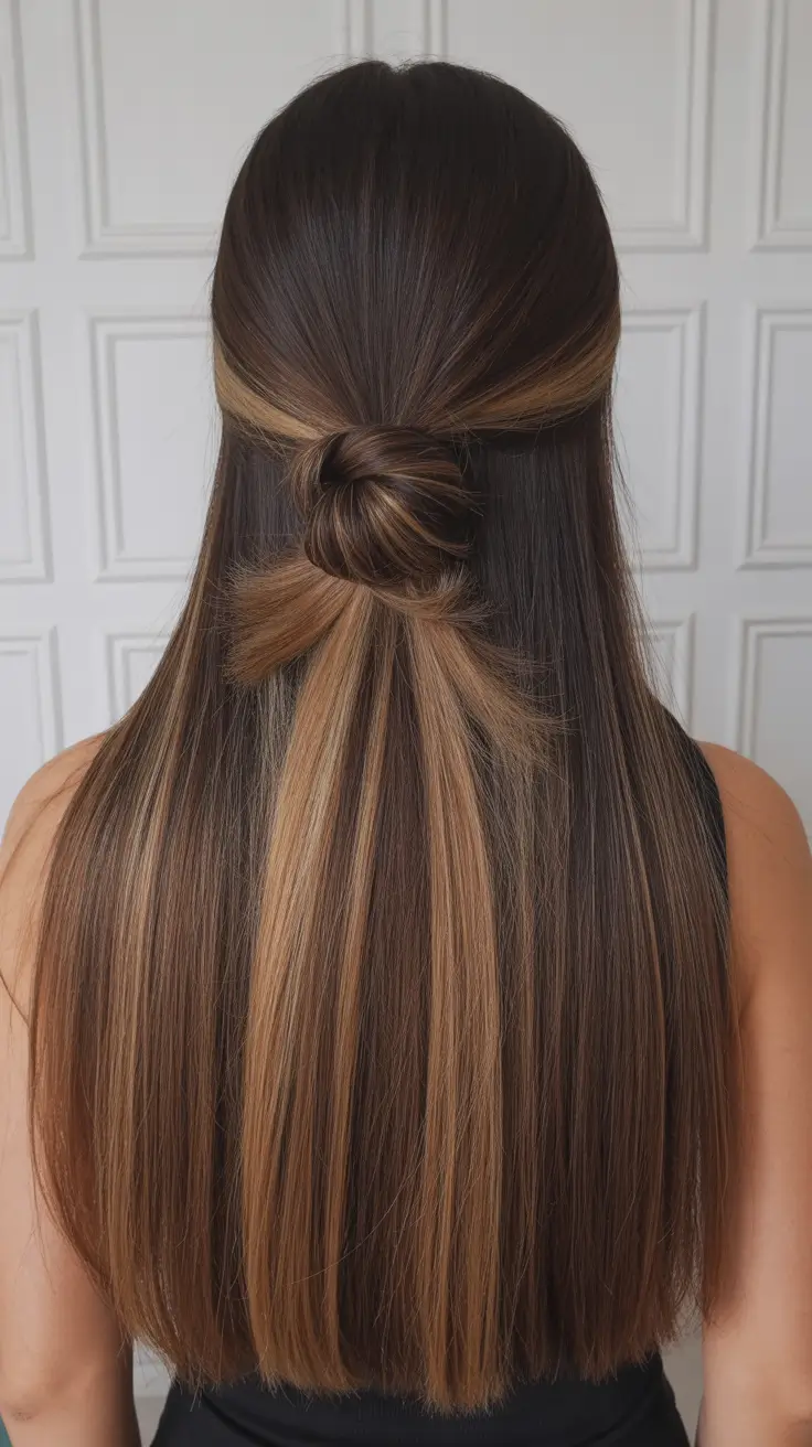 elegant spring caramel hair color 2026 Long Brunette Hair with Ribbon Caramel Dimension