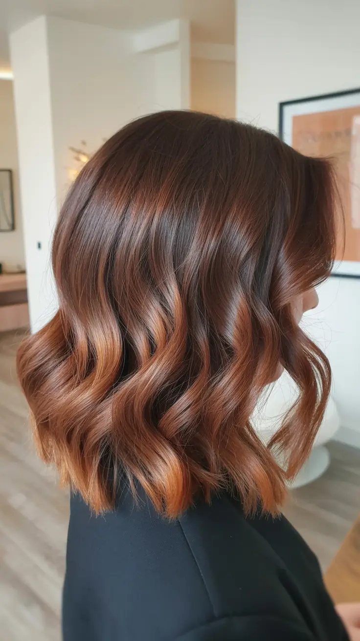 elegant spring caramel hair color 2026 Warm Auburn Caramel Waves for Spring Movement