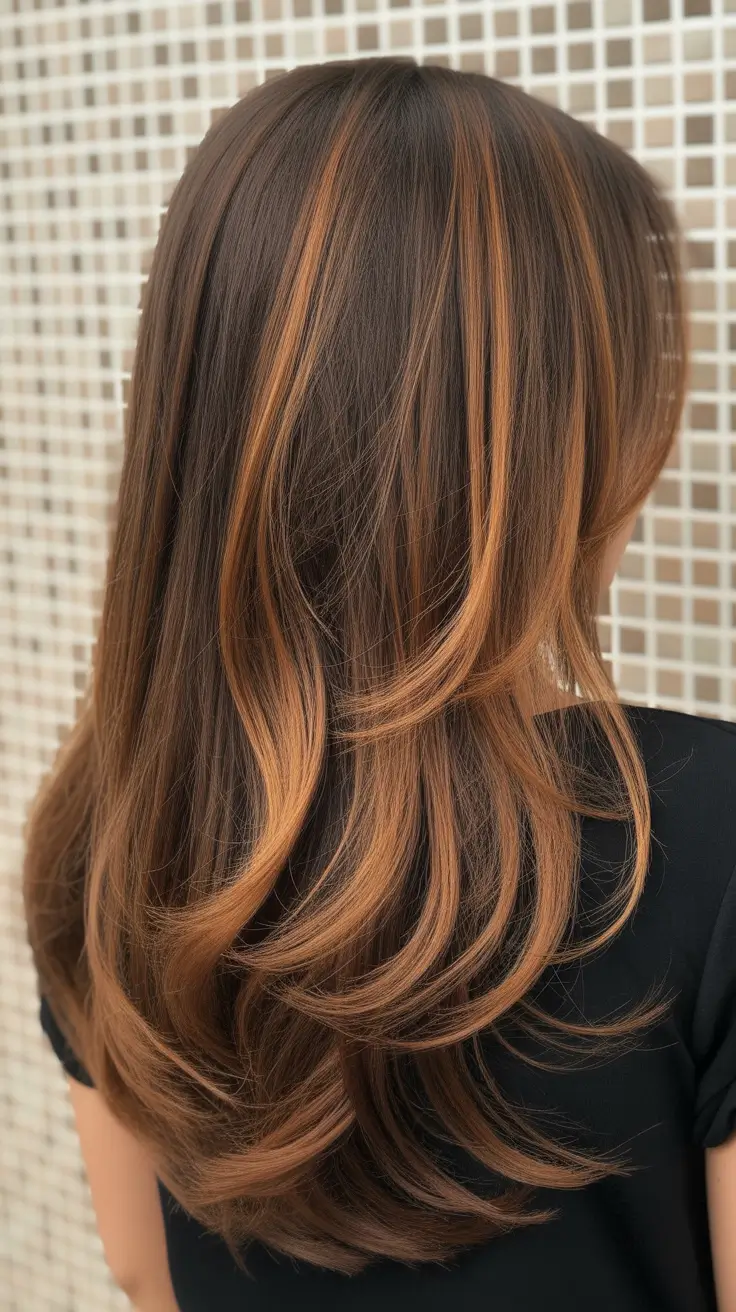 elegant spring caramel hair color 2026 Dimensional Caramel Streaks on Layered Brunette Lengths
