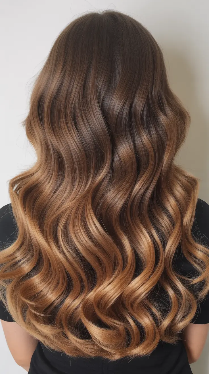 elegant spring caramel hair color 2026 Soft Honey Caramel Balayage for Flowing Brunette Waves