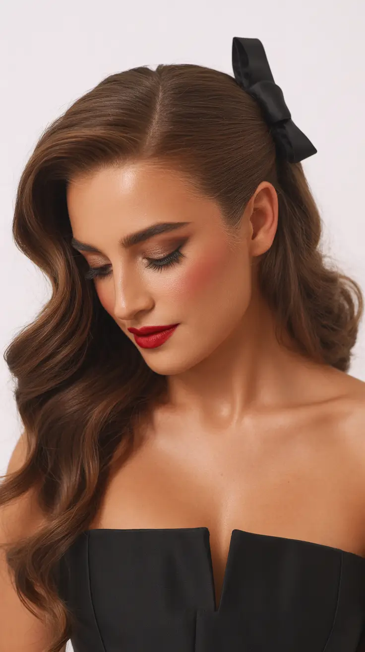 elegant spring formal hairstyle 2026 Soft Glam Waves with Elegant Bow Accent