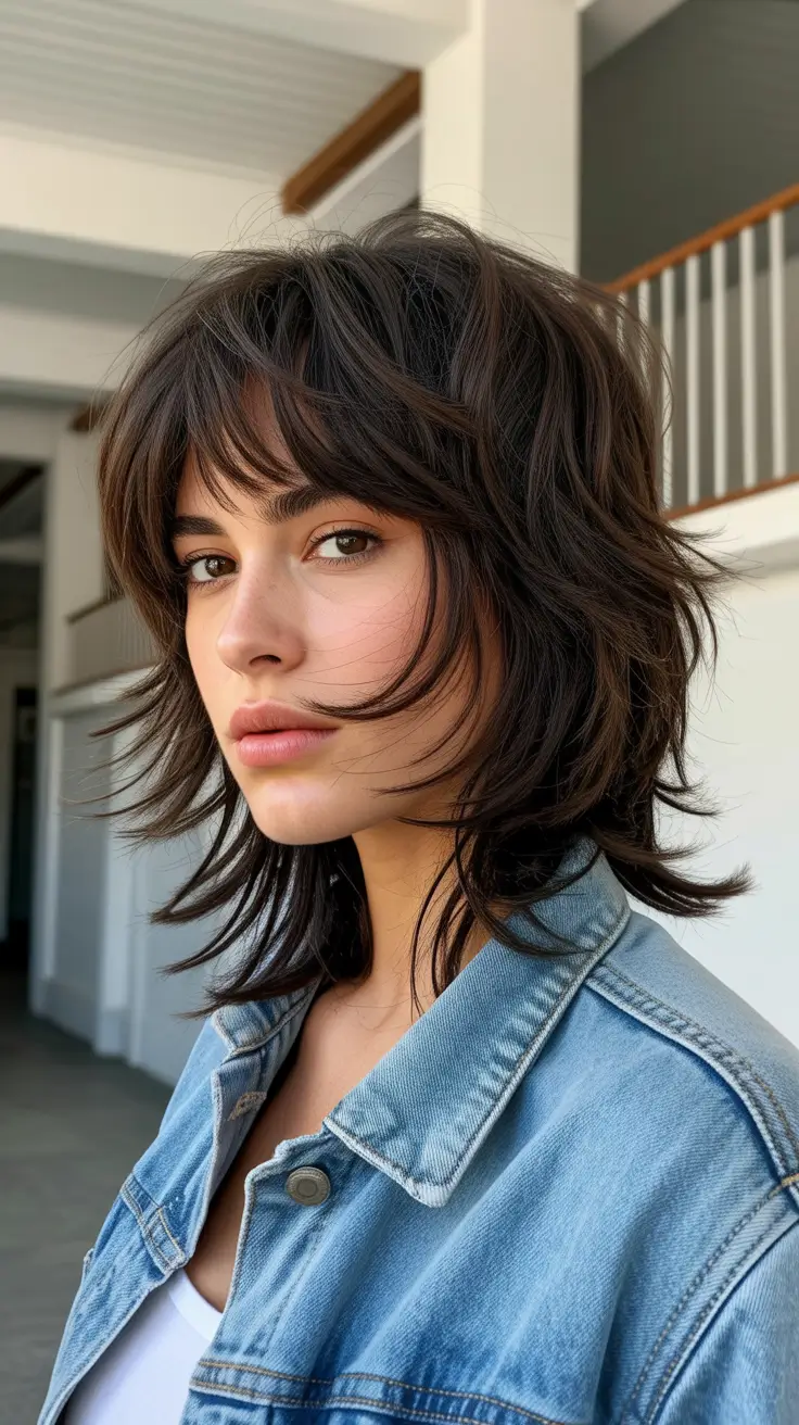 elegant spring shag hairstyle looks 2026 Soft Brunette Layered Shag with Airy Fringe