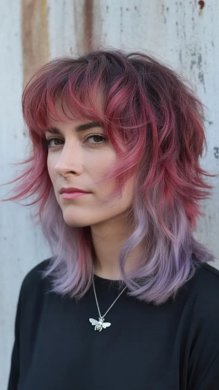 elegant spring shag hairstyle looks 2026 Bold Rose-Toned Medium Shag with Layered Texture
