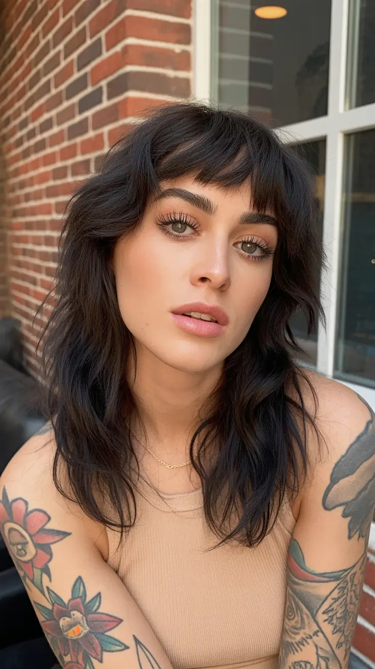 elegant spring shag hairstyle looks 2026 Soft Brunette Medium Shag with Feathered Fringe