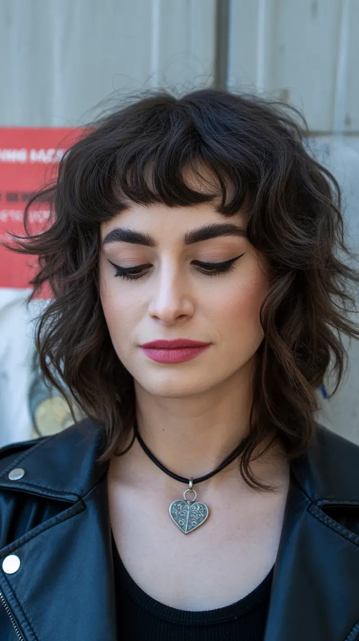 elegant spring shag hairstyle looks 2026 Textured Short Curly Shag with Micro Bangs