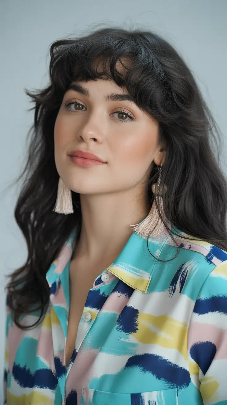 elegant spring shag hairstyle looks 2026 Long Wavy Shag with Relaxed Curtain Bangs