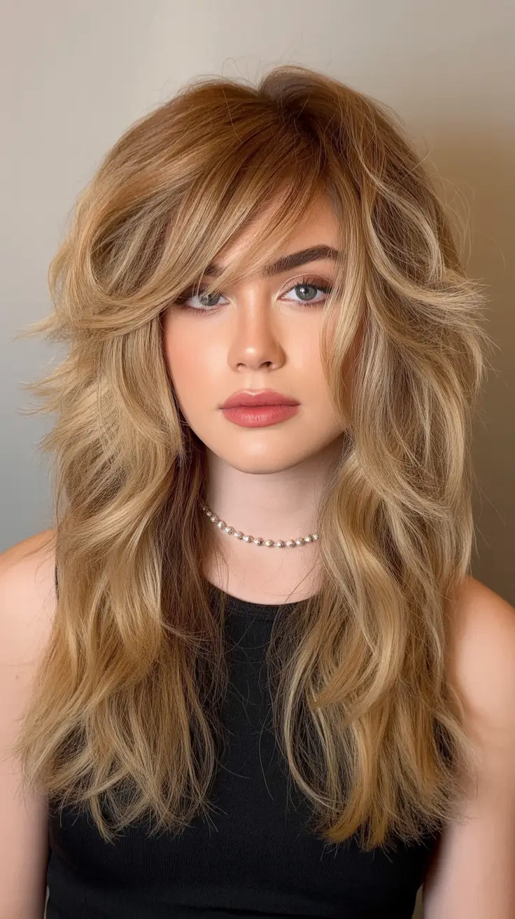 elegant spring shag hairstyle looks 2026 Golden Blonde Long Shag with Feathered Layers