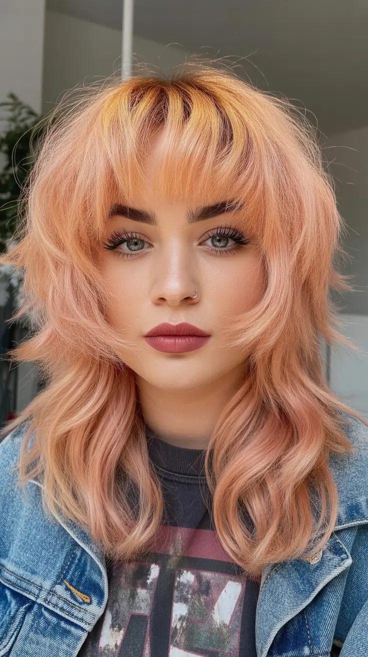 elegant spring shag hairstyle looks 2026 Peach-Toned Medium Shag with Full Textured Fringe