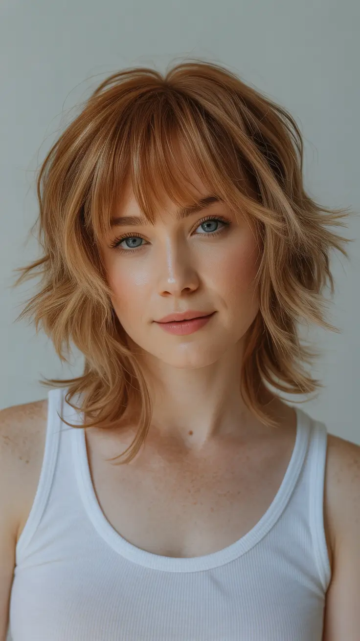elegant spring shag hairstyle looks 2026 Warm Copper Medium Shag with Wispy Layers