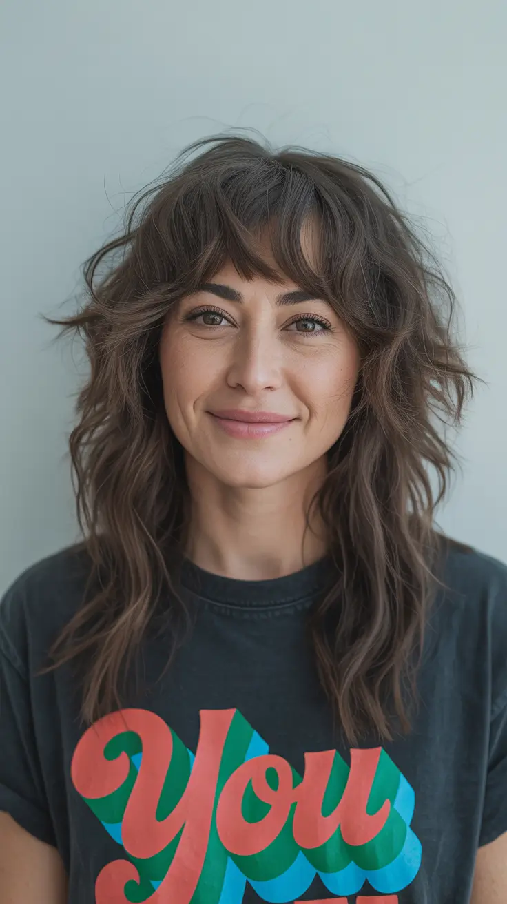 elegant spring shag hairstyle looks 2026 Effortless Long Brunette Shag with Soft Bangs