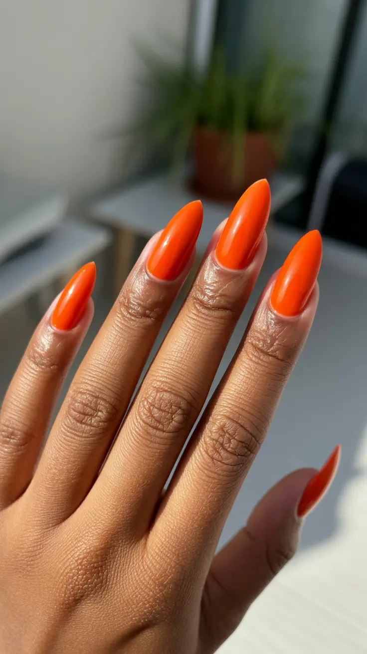 gorgeous spring nails for dark skin 2026 Vivid tangerine gloss for bold spring confidence