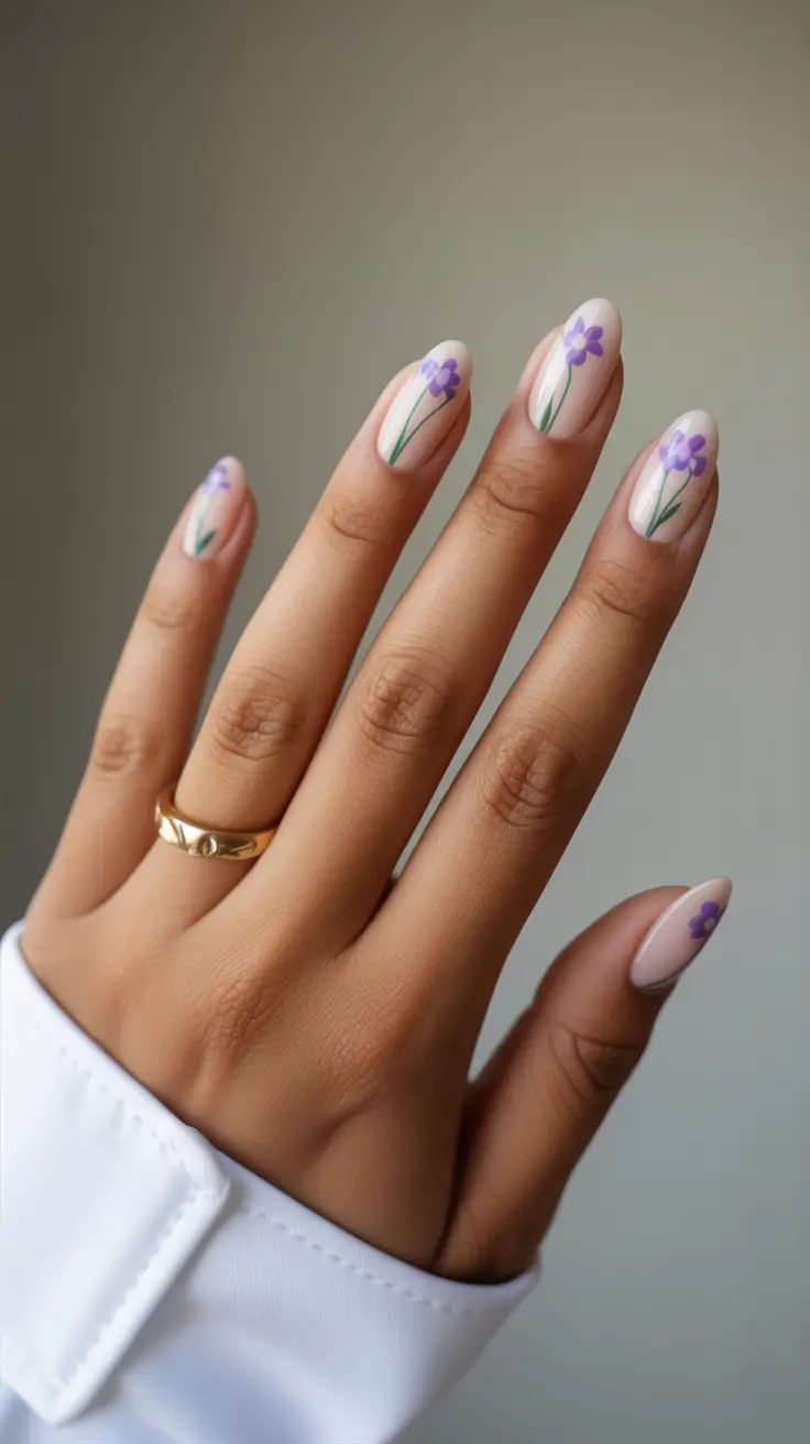 gorgeous spring nails for dark skin 2026 Delicate floral nude for romantic spring charm