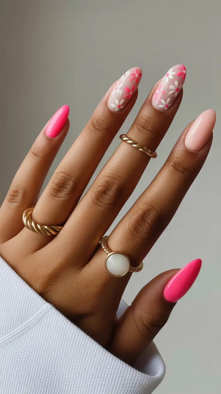 gorgeous spring nails for dark skin 2026 Pink floral mix for cheerful spring femininity